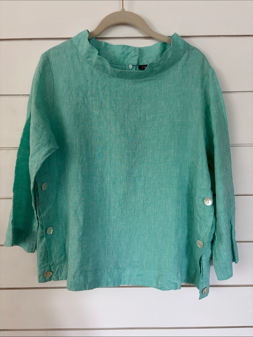 APNY Light Teal Button-Side Linen Top - Women's